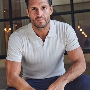 NWOT Collars & Co Almond Beige The Maranello Vintage Stripe Polo Sweater Small